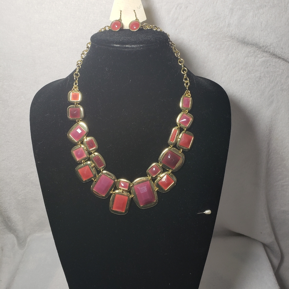 Ladies Burgundy and Gold Plated 24" Necklace with Earrings - New with out tag